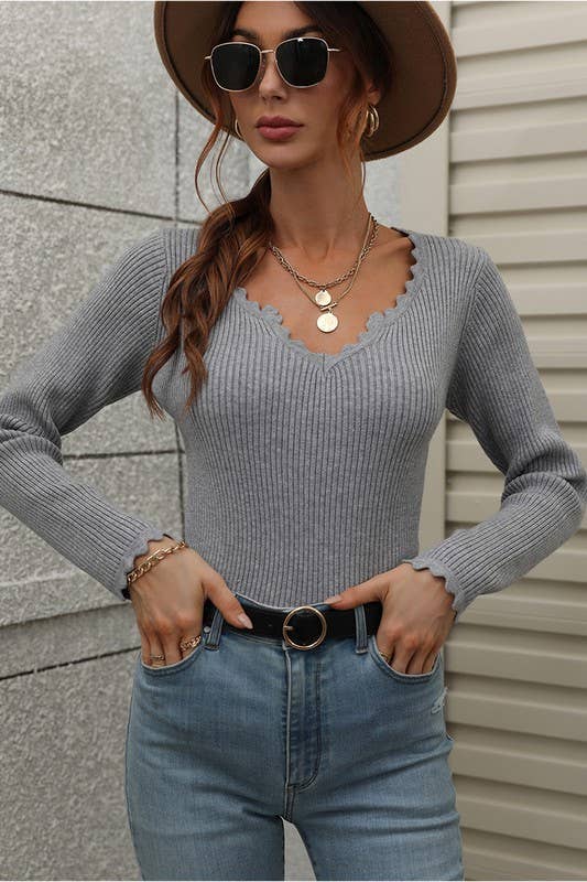 DEEP V NECK CASUAL DAILY KNIT TOP_CWTTL0662 - Shop Beauty By Elayne James